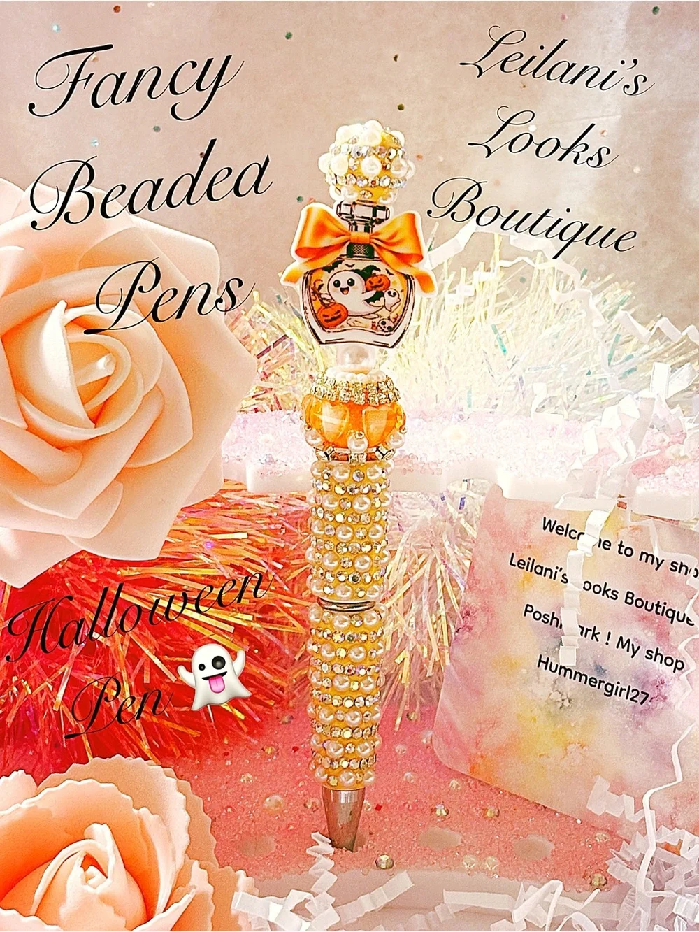 Gold Beaded Halloween Pen/Halloween pen with orange bow and beaded design